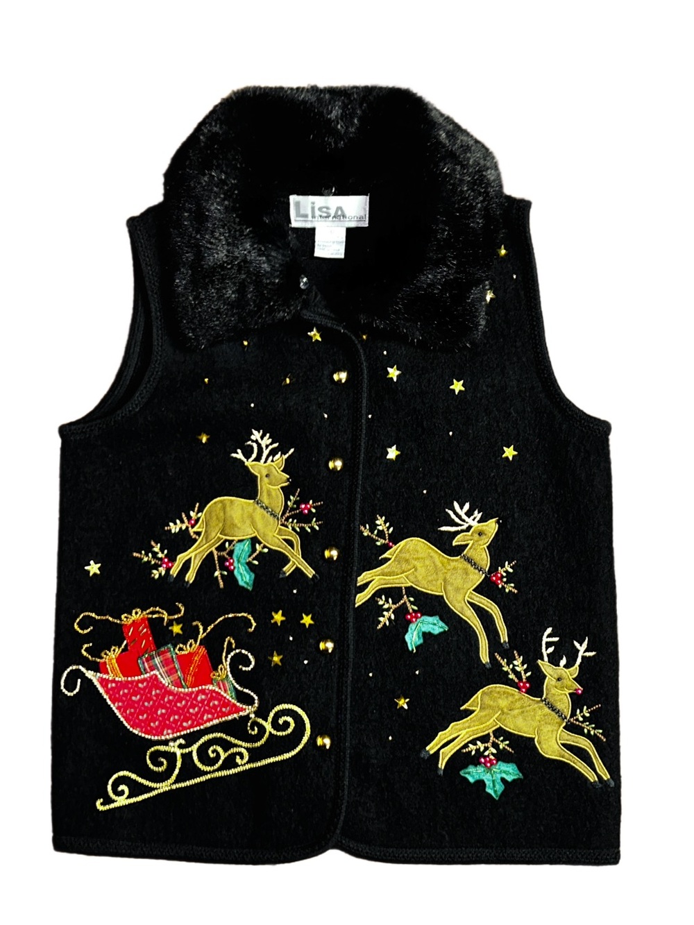 Lisa International ~ Small ~ Black & Gold ~ Beaded Reindeers/ Sleigh ~ Wool Vest